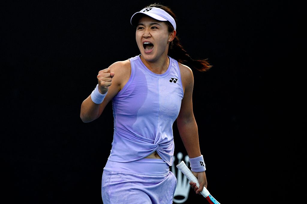 Zhu Lin of China celebrates after defeating Rebecca Marino of Canada 2-0 (6-2 and 6-4) in the women's singles first-round match in the Australian Open at Melbourne Park in Melbourne, Australia, January 16, 2023. /CFP