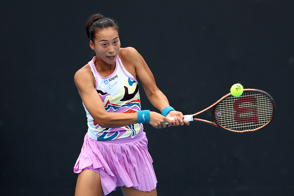 Zheng Qinwen of China competes in the women's singles first-round match against Dalma Galfi of Hungary in the Australian Open at Melbourne Park in Melbourne, Australia, January 16, 2023. /CFP