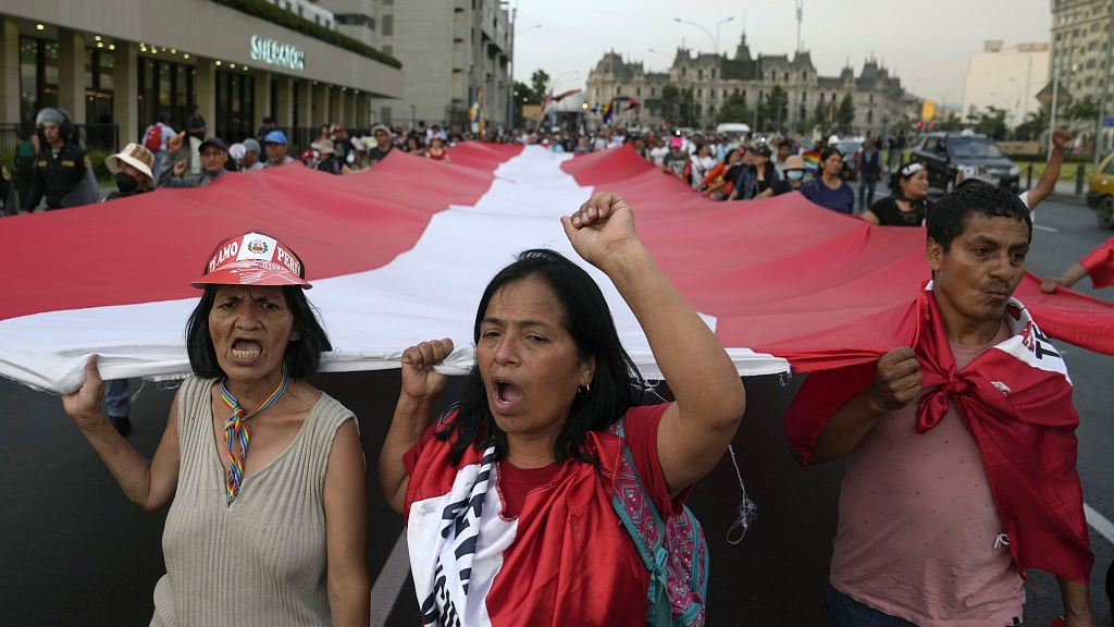 Demonstrators march against Peruvian President Dina Boluarte in Lima, Peru, January 16, 2023. /CFP