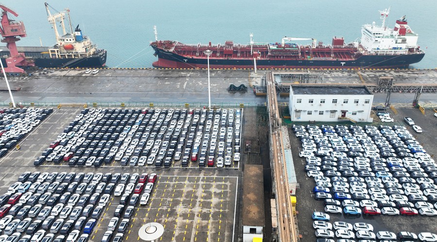 Vehicles waiting to be exported at a port in Lianyungang, east China's Jiangsu Province, January 13, 2023. /Xinhua