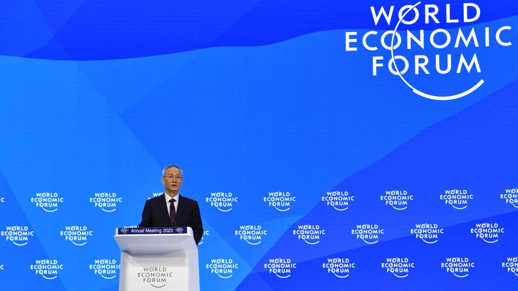 Chinese Vice Premier Liu He delivers a speech at the World Economic Forum Annual Meeting 2023 in Davos, Switzerland, January 17, 2023. /Xinhua