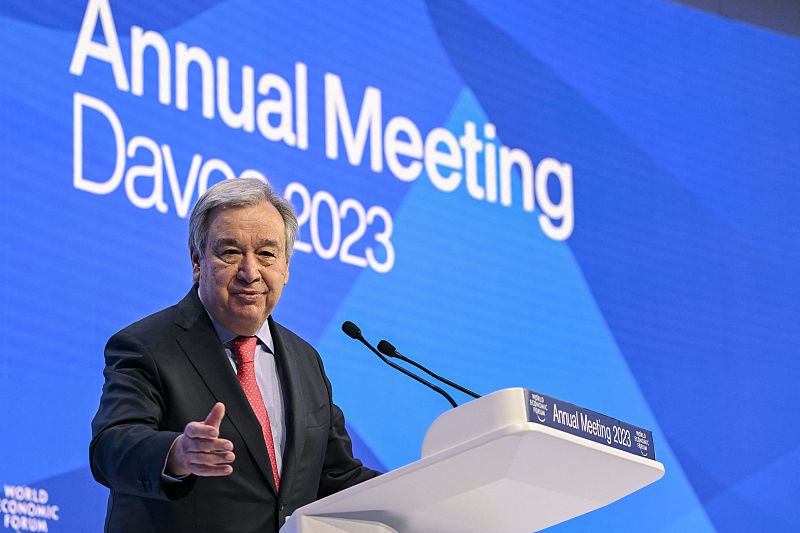 UN Secretary-General Antonio Guterres addresses a session of the World Economic Forum (WEF) annual meeting in Davos, January 18, 2023. /CFP