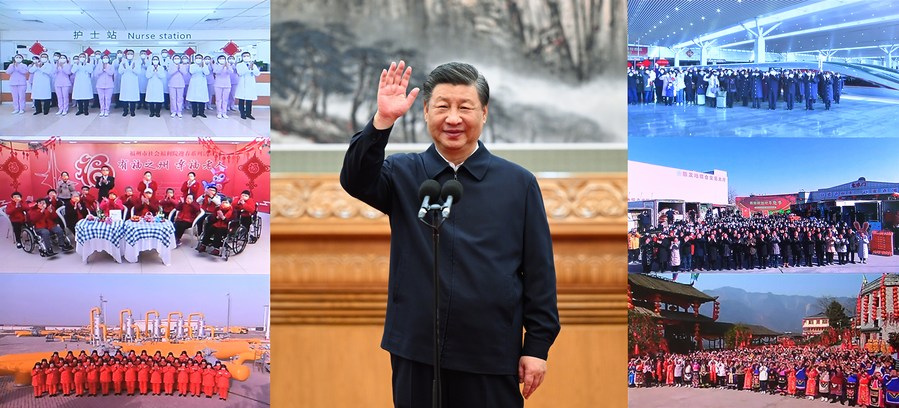 This combo photo shows Chinese President Xi Jinping extending festive greetings to all Chinese people when he holds virtual talks with the general public from across the country ahead of the Spring Festival in Beijing, capital of China, January 18, 2023. /Xinhua