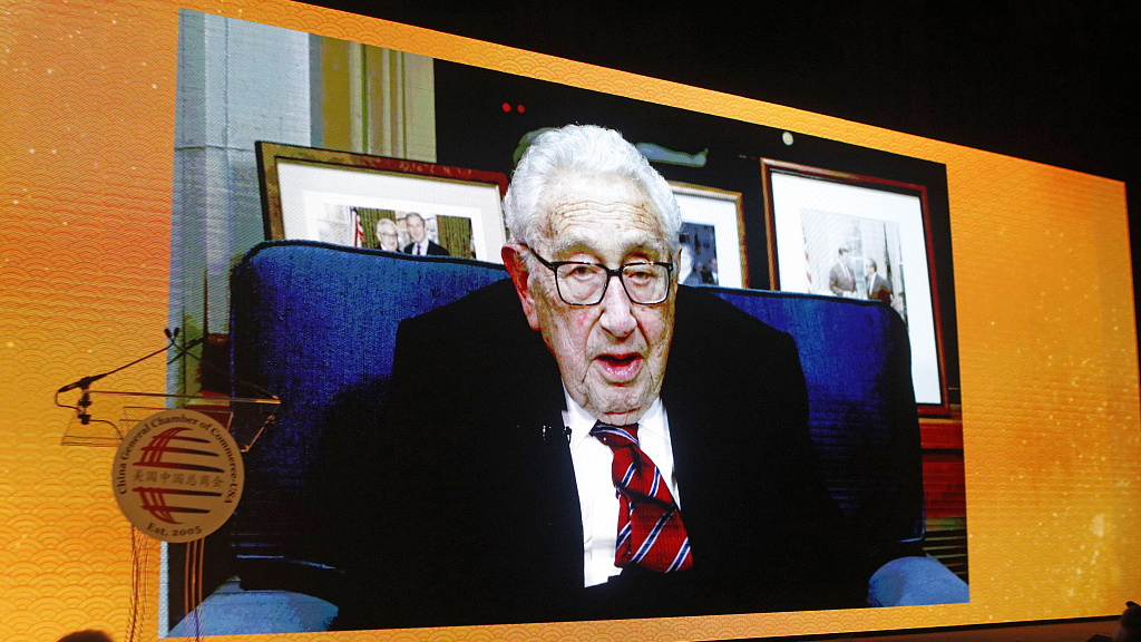 Former U.S. Secretary of State Henry Kissinger addresses the annual New Year gala of the China General Chamber of Commerce - USA (CGCC-USA) held in New York, U.S., January 18, 2023. /CFP