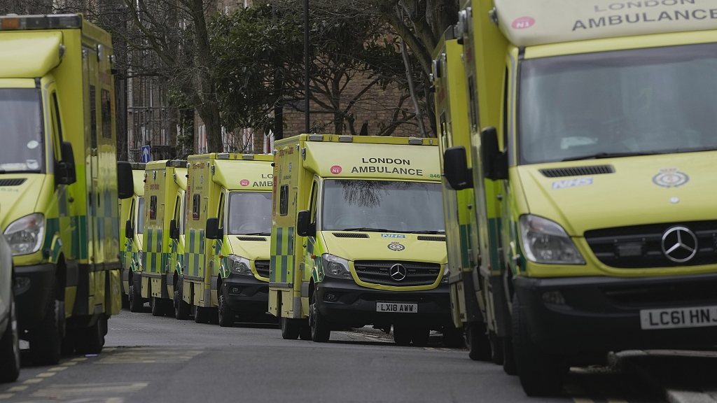 Ambulances park as the workers take part in a strike in London, UK, January 11, 2023. /CFP