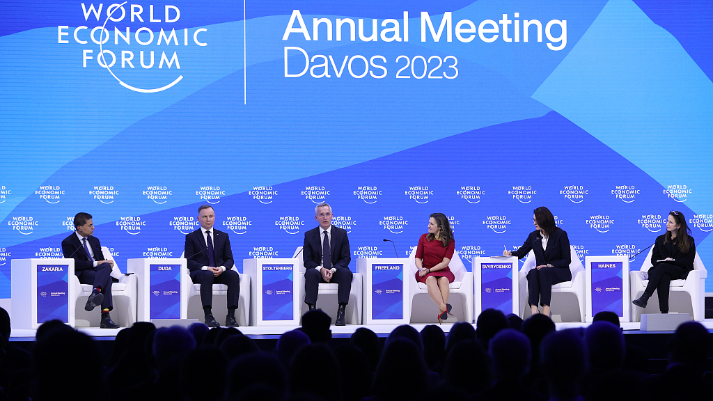 L-R: American journalist Fareed Zakaria, Polish President Andrzej Duda, NATO Secretary General Jens Stoltenberg, Canadian Foreign Minister Chrystia Freeland, Ukrainian Economy Minister Yuliia Svyrydenko and U.S. Director of National Intelligence Avril Haines participate in a panel discussion titled 
