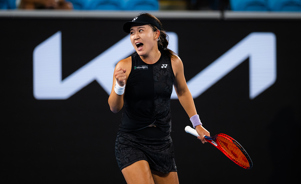 Zhu Lin of China reacts after winning a point in the women's singles third-round match against Maria Sakkari of Greece during the Australian Open at Melbourne Park in Melbourne, Australia, January 21, 2023. /CFP