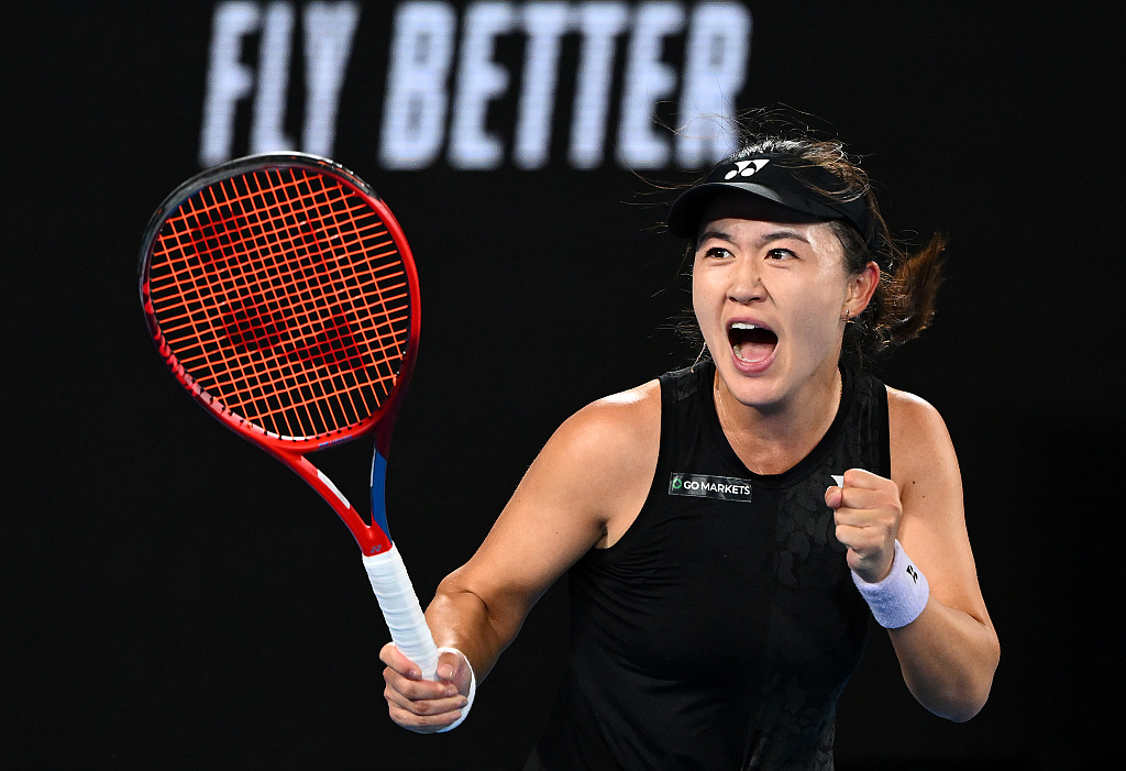 Zhu Lin of China celebrates winning a point during the Australian Open at Melbourne Park in Melbourne, Australia, January 21, 2023. /CFP