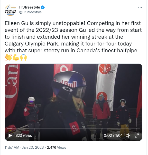 FISfreestyle's tweet on January 20 about Gu Ailing's performance at FIS Freeski World Cup Calgary. /@FISfreestyle
