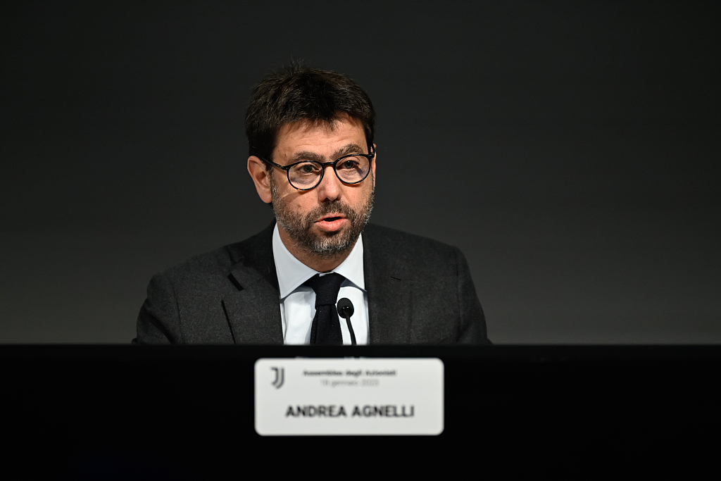Andrea Agnelli speaks at the Juventus shareholders' meeting at Juventus Stadium in Turin, Italy, January 18, 2023. /CFP