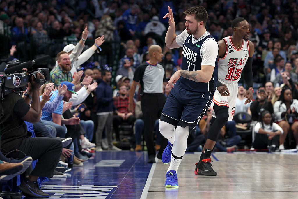 Luka Doncic (#77) of the Dallas Mavericks reacts after making a 3-pointer in the game against the Miami Heat at American Airlines Center in Dallas, Texas, January 20, 2023. /CFP