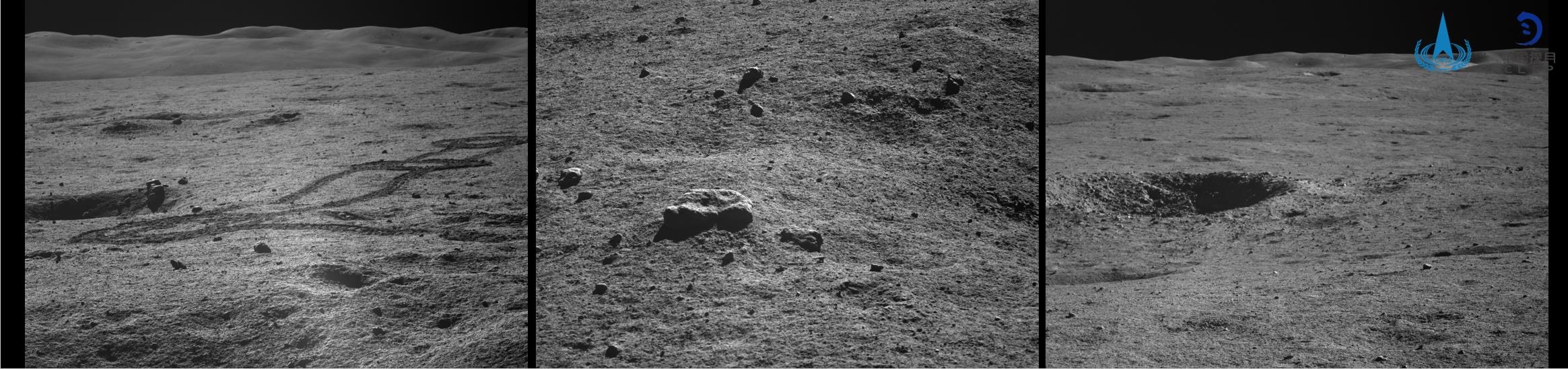 The panoramic camera installed aboard the rover took photos of the moon surface which show the wheel track left by the rover (L), a rock four meters away from the rover and an impact crater about five meters in diameter (R), January 18, 2023. /CNSA