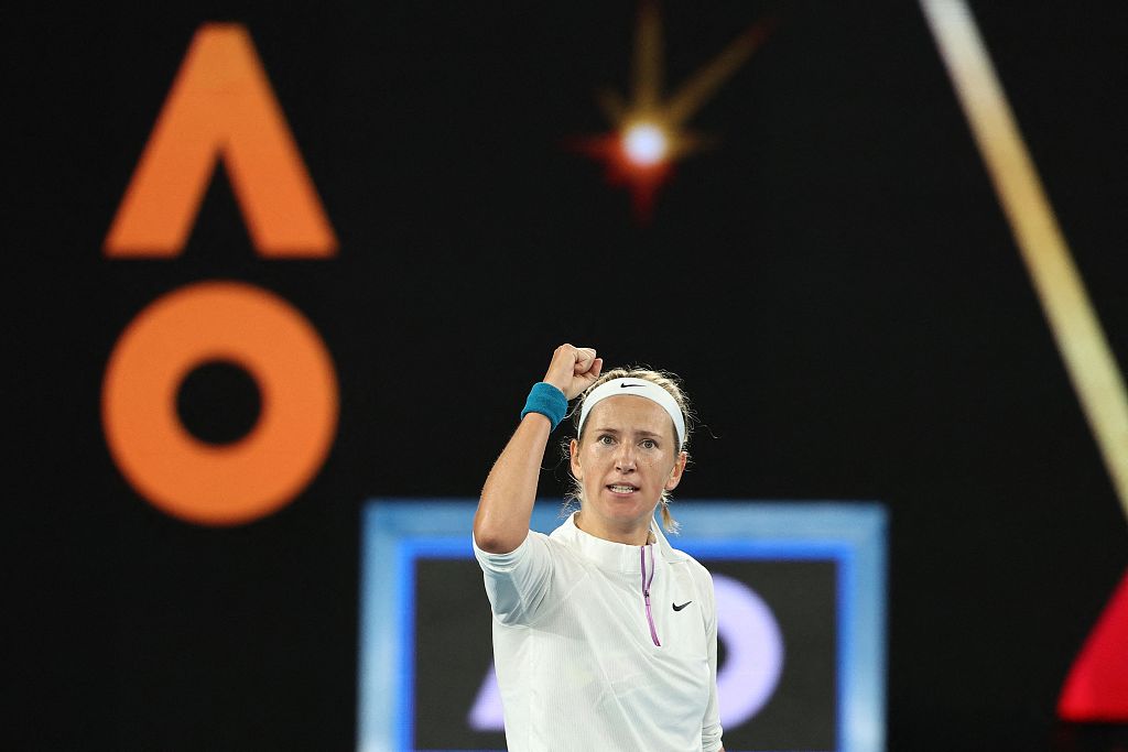 Victoria Azarenka of Belarus celebrates after winning her fourth-round match at the Australian Open in Melbourne, Australia, January 22, 2023. /CFP