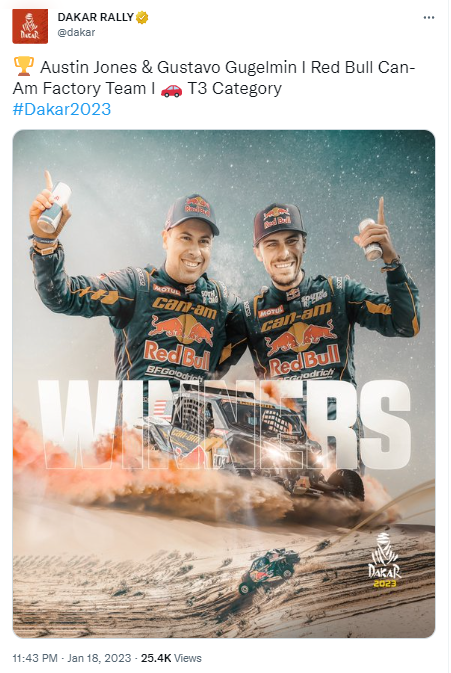 The Dakar Rally's tweet on January 18 about the winners Austin Jones of the U.S. and co-driver Gustavo Gugelmin of Brazil, from the Red Bull Can-Am Factory Team in the T3 Category. /@dakar
