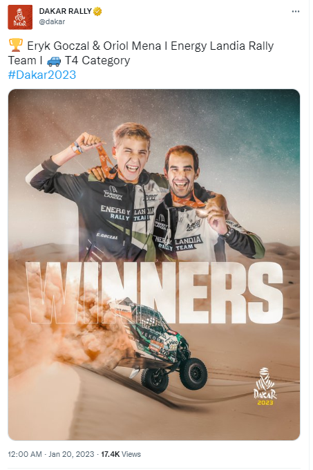 The Dakar Rally's tweet on January 20 about the winners Eryk Goczal of Poland and co-driver Oriol Mena of Spain, from the Energy Landia Rally Team in the T4 Category. /@dakar 