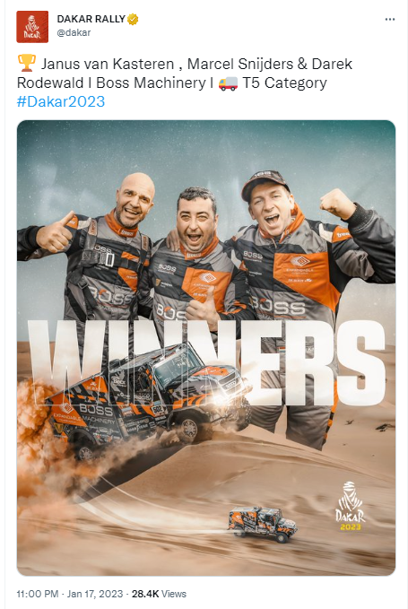 The Dakar Rally's tweet on January 17 about the winners Janus van Kasteren and Marcel Snijders, both from the Netherlands, and Darek Rodewald of Poland, from Boss Machinery Team in the T5 Category. /@dakar 