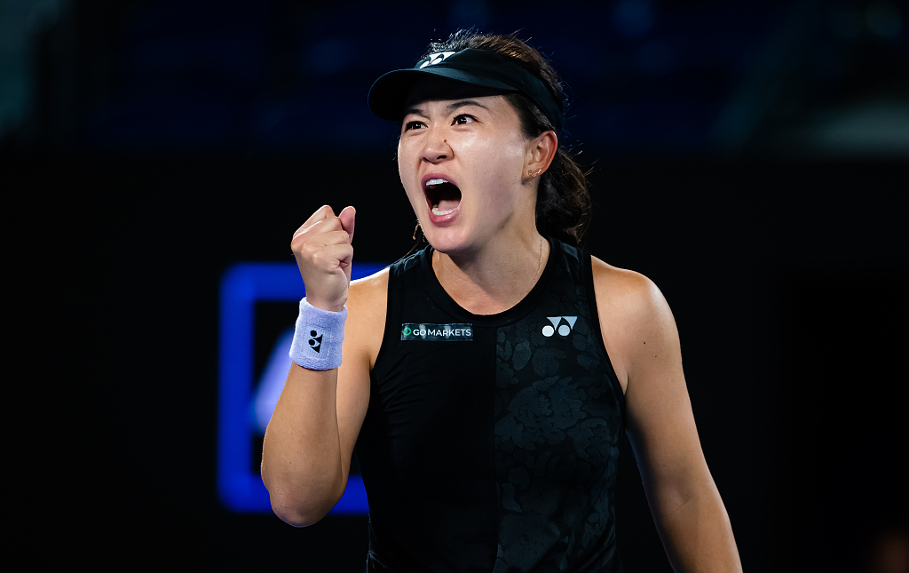 Zhu Lin of China reacts after scoring a play in the women's singles Round of 16 match against Victoria Azarenka of Belarus in the Australian Open at Melbourne Park in Melbourne, Australia, January 22, 2023. /CFP
