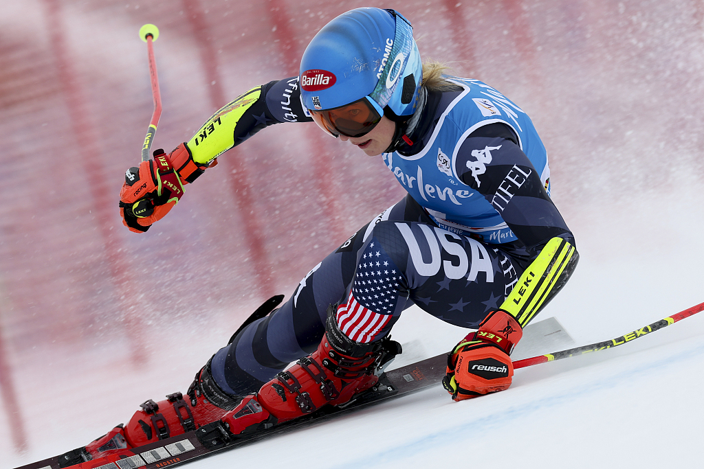 United States' Mikaela Shiffrin speeds down the course during the women's giant slalom at the Alpine Ski World Cup in Kronplatz, Italy, January 24, 2023. /CFP