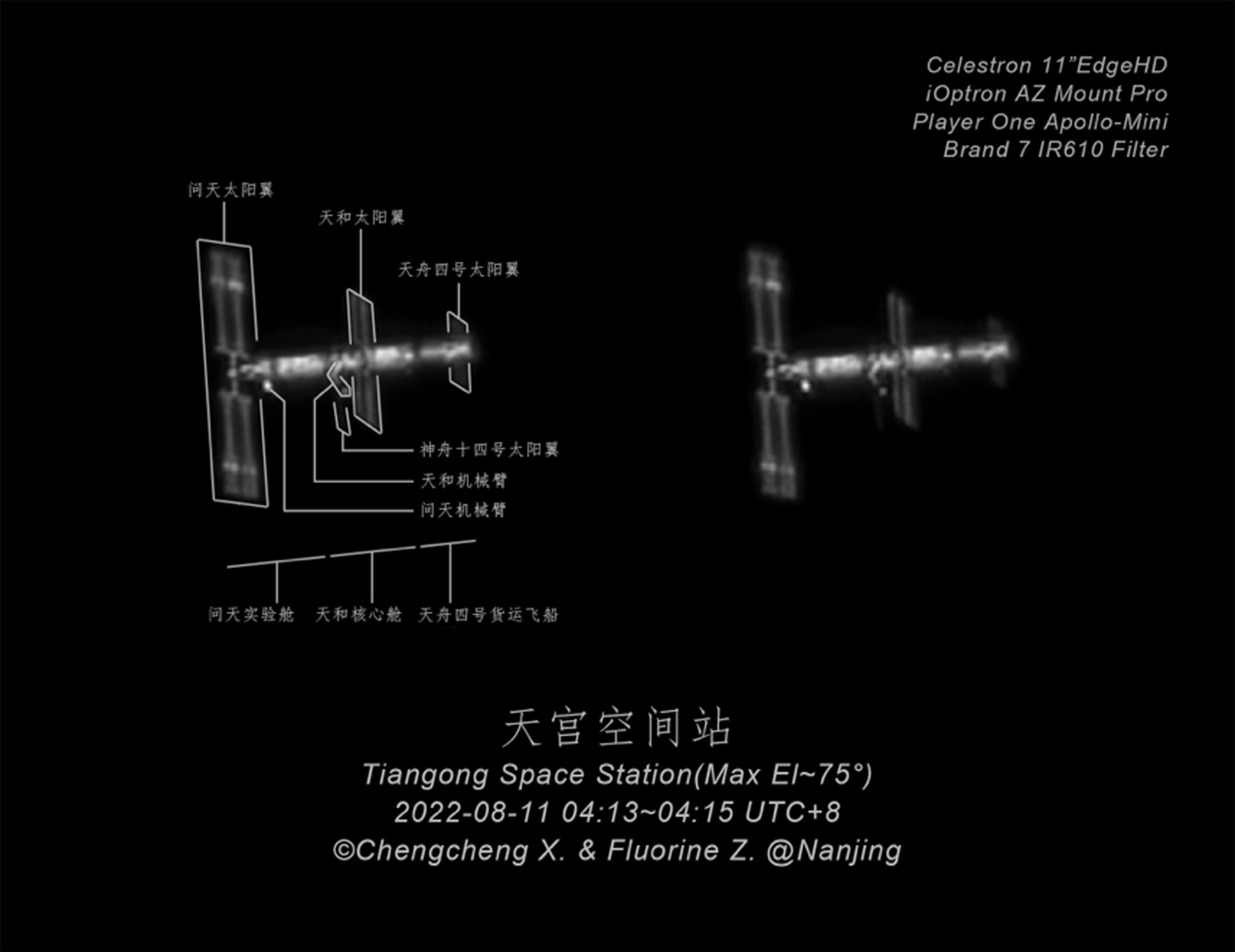 China's space station flies across the sky above Nanjing City, east China's Jiangsu Province, August 11, 2022. /Xu Chengcheng, Zhu Yijing