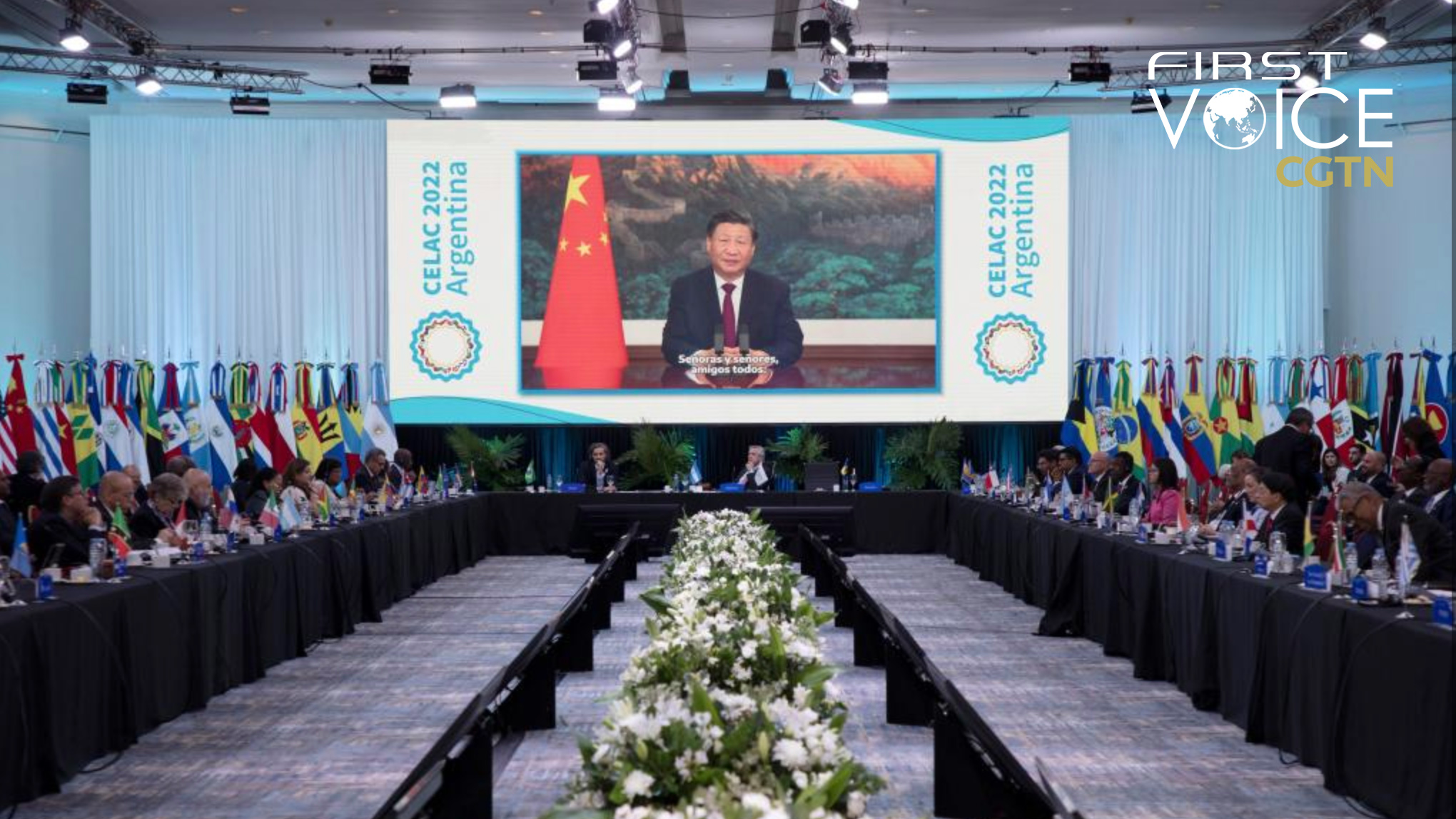 Upon the invitation of President Alberto Fernandez of Argentina, rotating president of the Community of Latin American and Caribbean States (CELAC), Chinese President Xi Jinping delivers a video address at the seventh Summit of CELAC, January 24, 2023./Xinhua
