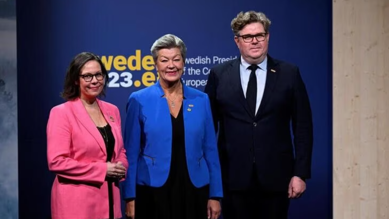 Sweden's Minister for Migration, Maria Malmer Stenergard, Ylva Johansson, EU Commissioner for Home Affairs and Gunnar Strommer, Sweden's Minister for Justice, at the first informal ministerial meeting during the Swedish EU Presidency. The agenda includes EU migration policy, Stockholm, Sweden, January 26, 2023. /Reuters