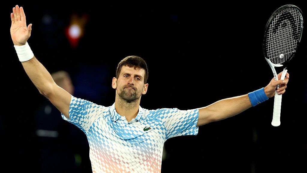 Novak Djokovic celebrates victory against Andrey Rublev during their men's singles quarterfinal match on day 10 of the Australian Open tennis tournament in Melbourne, Australia, January 25, 2023. /CFP