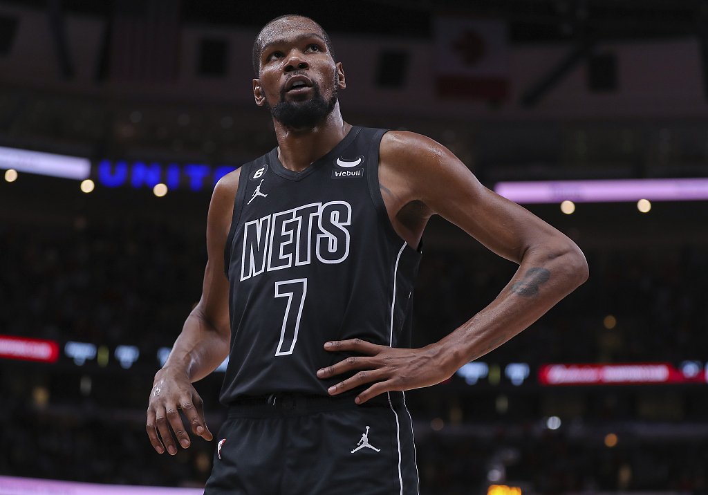 Kevin Durant of the Brooklyn Nets looks on in the game against the Chicago Bulls at the United Center in Chicago, Illinois, January 4, 2023. /CFP