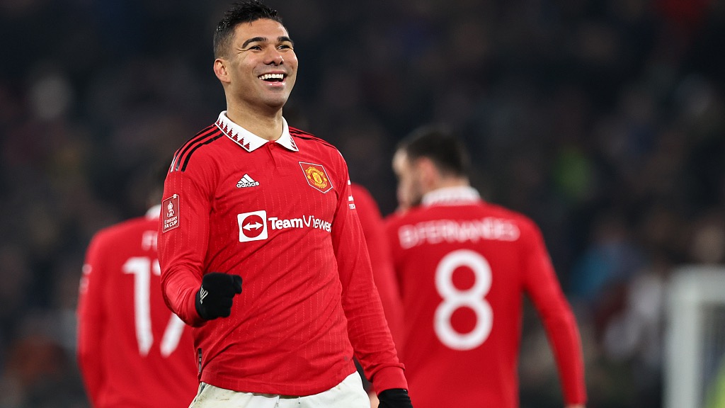 Casemiro of Manchester United celebrates after scoring his second during their FA Cup clash with Reading at Old Trafford in Manchester, England, January 28, 2023. /CFP