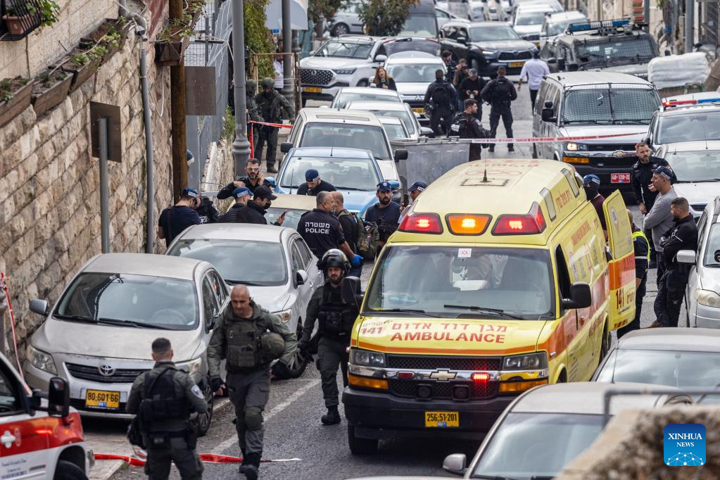 Israeli police are seen at the scene of a shooting attack near the Old City of Jerusalem, January 28, 2023. /Xinhua