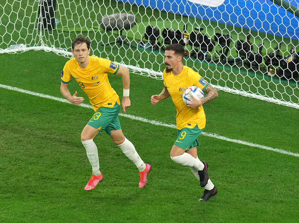 Players of Australia celebrate after scoring a goal in the FIFA World Cup Round of 16 game against Argentina at Ahmad Bin Ali Stadium in Doha, Qatar, December 3, 2022. /CFP 