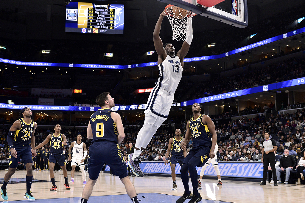 Jaren Jackson Jr. (#13) of the Memphis Grizzlies dunks in the game against the Indiana Pacers at FedExForum in Memphis, Tennessee, January 29, 2023. /CFP