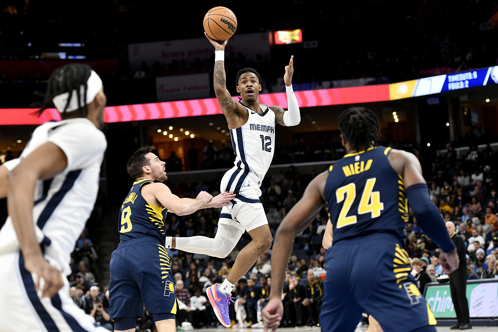 Ja Morant (#12) of the Memphis Grizzlies passes in the game against the Indiana Pacers at FedExForum in Memphis, Tennessee, January 29, 2023. /CFP