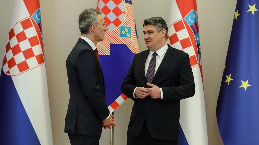 Croatian President Zoran Milanovic (R) talks with NATO Secretary General Jens Stoltenberg in Zagreb, Croatia, March 4, 2020. /CFP