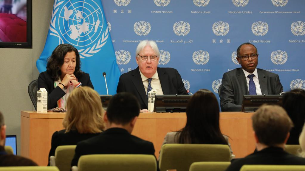 UN Undersecretary-General for Humanitarian Affairs Martin Griffiths (C) speaks at a press briefing on the situation in Afghanistan at the UN headquarters in New York, U.S., January 30, 2023. /Xinhua