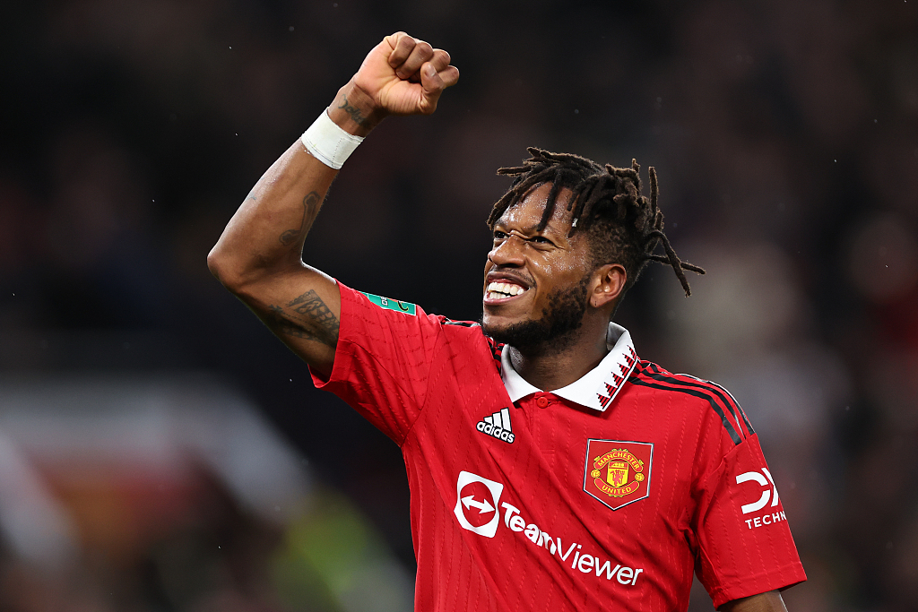 Manchester United's Brazilian midfielder Fred celebrates after scoring a goal to make it 2-0 against Nottingham Forest during the EFL semi-final second-leg match at Old Trafford in Manchester, UK, February 1, 2023. /CFP