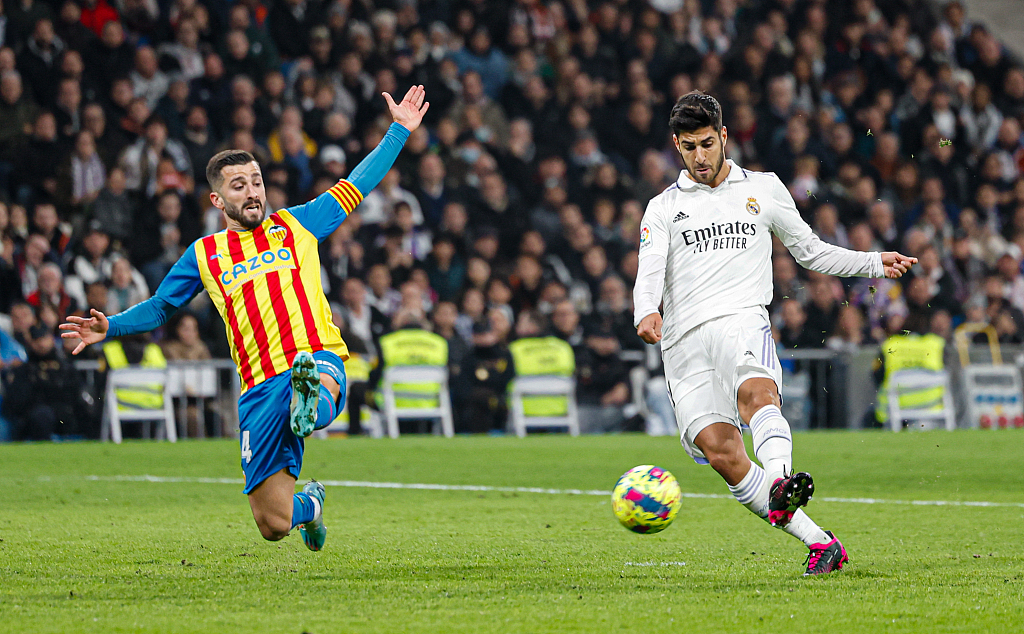 Marco Asensio of Real Madrid in action during the La Liga match between Real Madrid CF and Valencia CF at the Santiago Bernabeu stadium in Madrid, Spain, February 2, 2023. /CFP