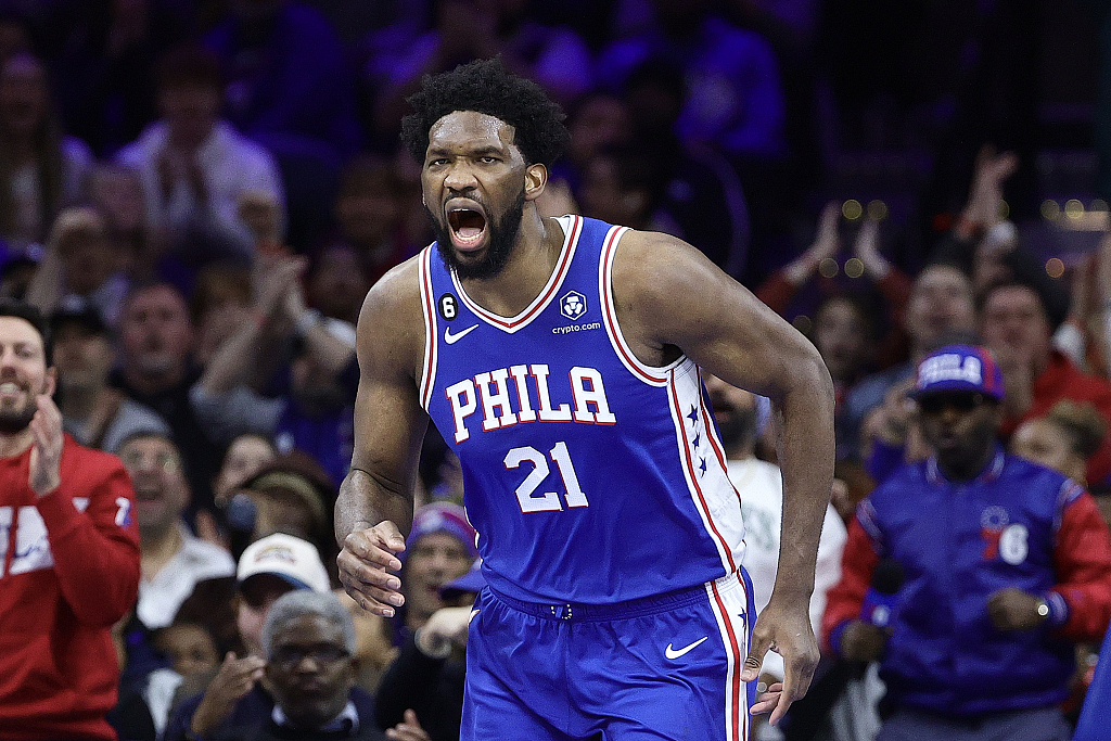 Joel Embiid of the Philadelphia 76ers reacts after scoring in the game against the Orlando Magic at the Wells Fargo Center in Philadephia, Pennsylvania, January 30, 2023. /CFP