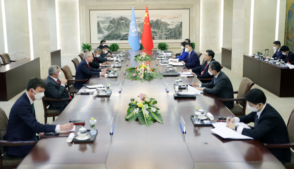 Chinese Foreign Minister Qin Gang (3rd R) holds talks with Csaba Korosi (3rd L), president of the 77th session of the United Nations General Assembly, in Beijing, capital of China, February 2, 2023. /Xinhua