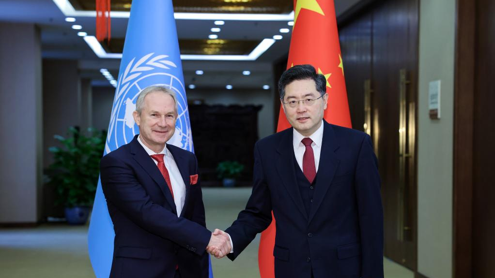 Chinese Foreign Minister Qin Gang holds talks with Csaba Korosi, president of the 77th session of the United Nations General Assembly, in Beijing, capital of China, February 2, 2023. /Xinhua