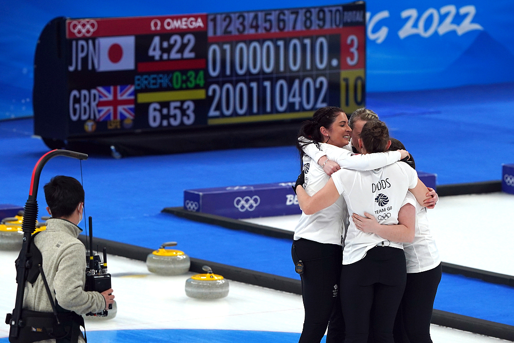 Team Britain players celebrate after winning the Beijing 2022 women's curling final over Team Japan at the National Aquatics Center in Beijing, China, February 20, 2022. /CFP 