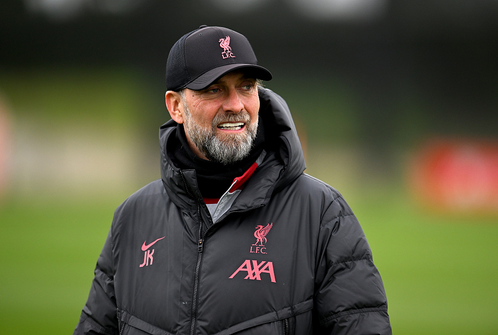 Jurgen Klopp, manager of Liverpool, looks on during team practice at AXA Training Centre in Kirkby, England, February 2, 2023. /CFP