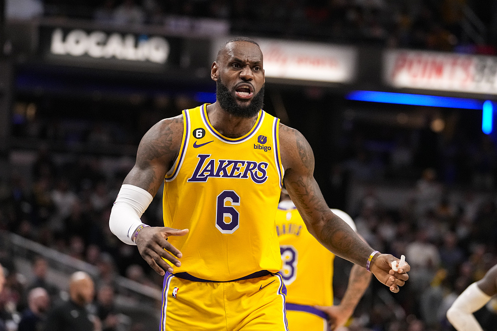 LeBron James (#6) of the Los Angeles Lakers reacts to a referee call in the game against the Indiana Pacers at Gainbridge Fieldhouse in Indianapolis, Indiana, February 2, 2023. /CFP
