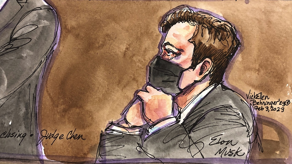 In this courtroom sketch, Elon Musk appears in federal court in San Francisco, California, U.S., February 3, 2023. /CFP