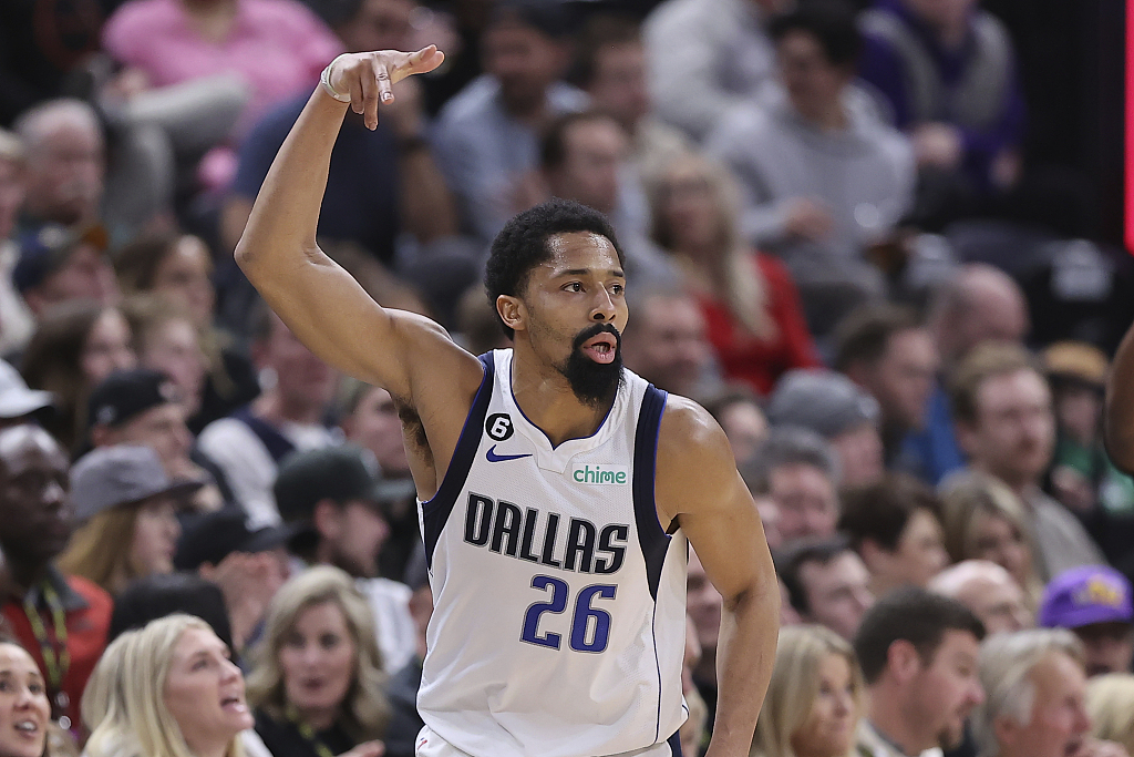 Spencer Dinwiddie of the Dallas Mavericks reacts after making a 3-pointer in the game against the Utah Jazz at Vivint Arena in Salt Lake City, Utah, January 28, 2023. /CFP