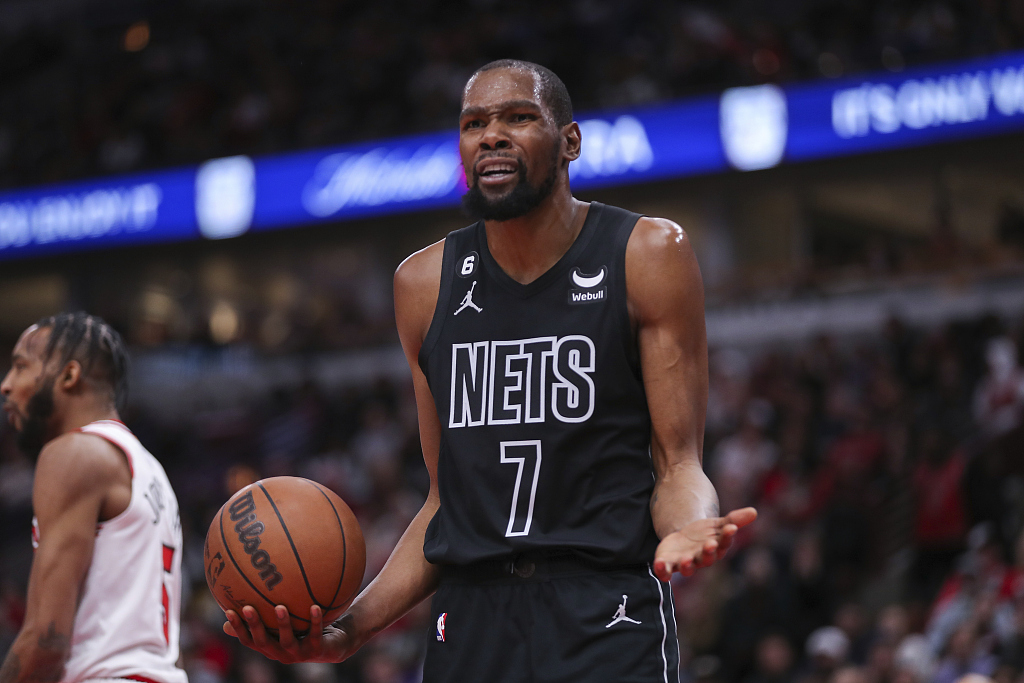 Kevin Durant (#7) of the Brooklyn Nets reacts to a referee call in the game against the Chicago Bulls at the United Center in Chicago, Illinois, January 4, 2023. /CFP