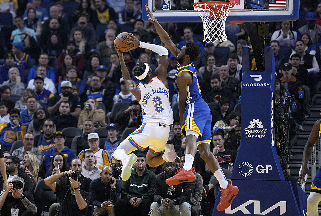Andrew Wiggins (R) of the golden State Warriors deflects a shot by Shai Gilgeous-Alexander of the Oklahoma City Thunder in the game at the Chase Center in San Francisco, California, February 6, 2023. /CFP