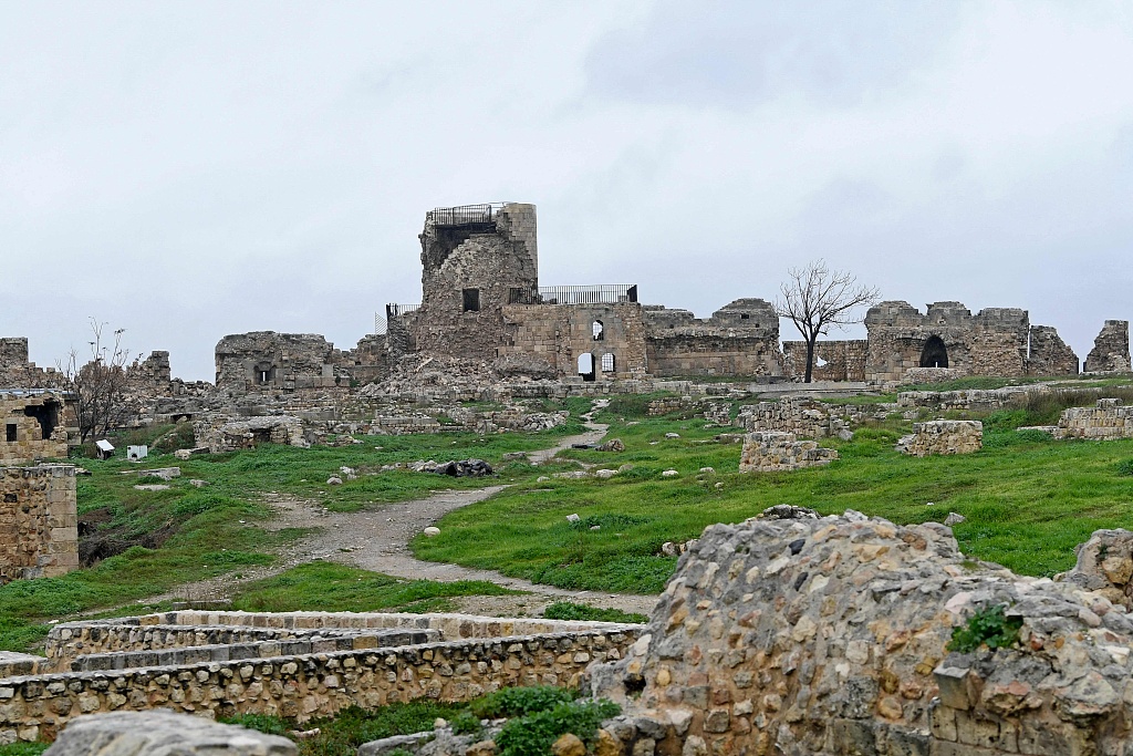 An ancient citadel in northern Syria's Aleppo city is damaged after deadly earthquakes hit the region on February 6, 2023. /CFP
