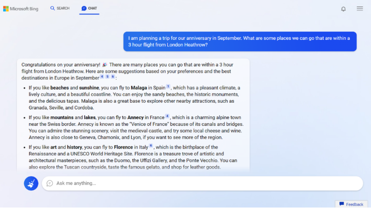 The CHAT function of the new Bing displayed by Microsoft on February 7, 2023. /Microsoft