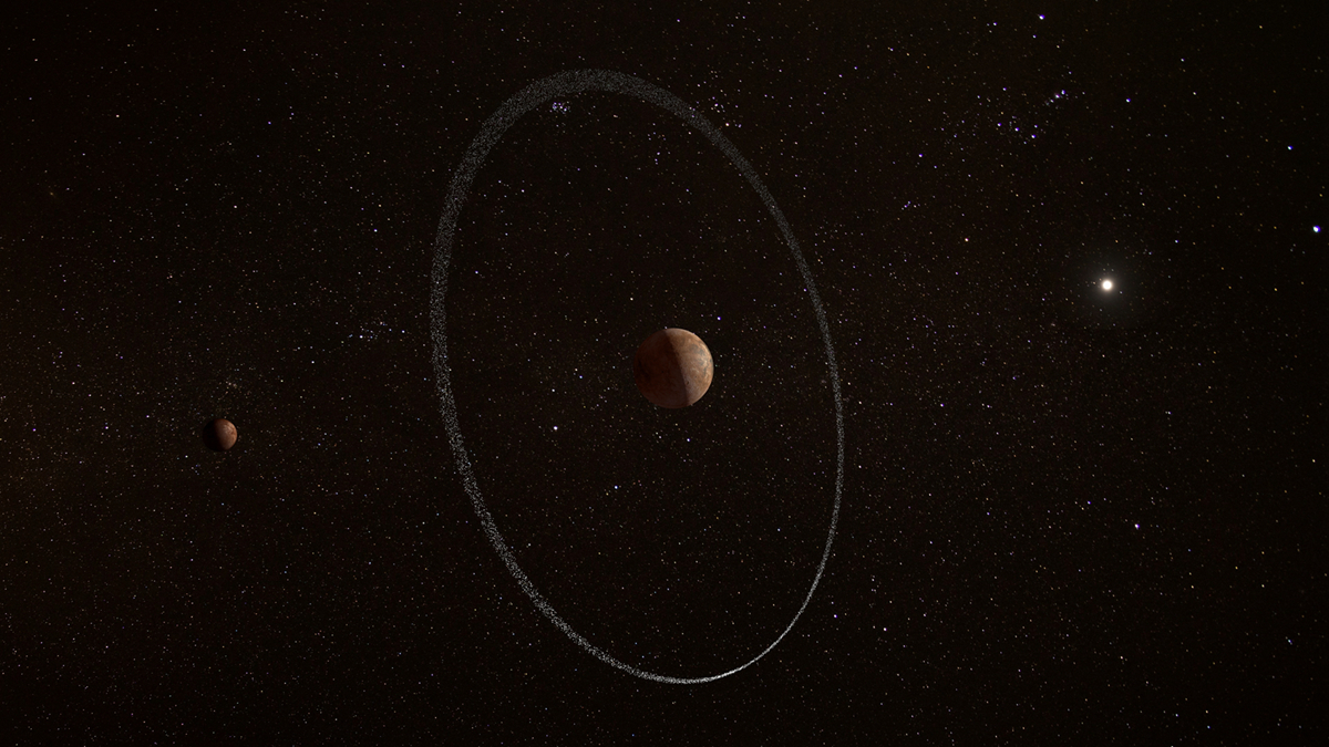 An illustration showing the frigid distant world Quaoar, orbiting in the solar system beyond Pluto, surrounded by its newly discovered ring, along with its moon Weywot. /ESA, CC BY-SA 3.0 IGO via Reuters