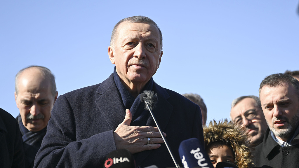 Turkish President Recep Tayyip Erdogan speaks to press at the tent city set up by Disaster and Emergency Management Authority (AFAD) of Türkiye, February 8, 2023. /CFP